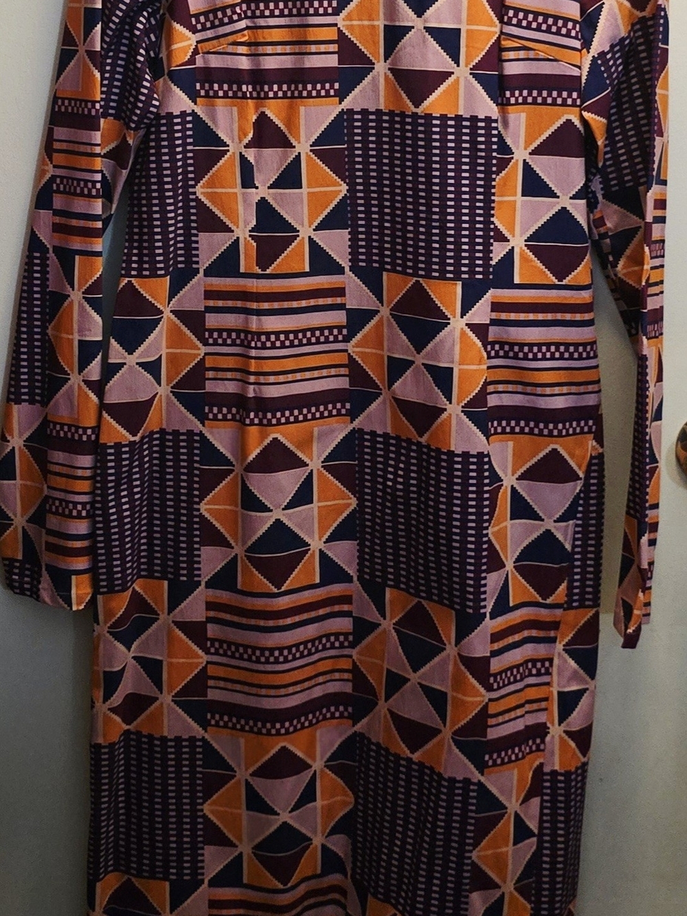 Geometric Long-Sleeve Maxi Dress in Purple & Orange